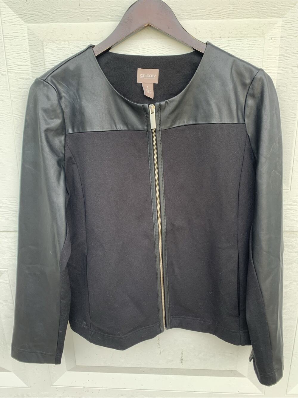 Chico’s Black Faux Leather Jacket Zip Blazer Sz 1 Or M 8/10